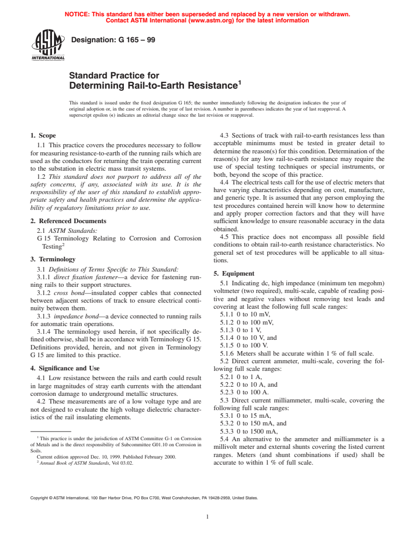 ASTM G165-99 - Standard Practice for Determining Rail-to-Earth Resistance