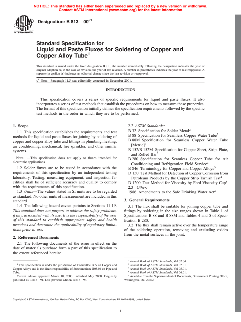 ASTM B813-00e1 - Standard Specification for Liquid and Paste Fluxes for Soldering of Copper and Copper Alloy Tube