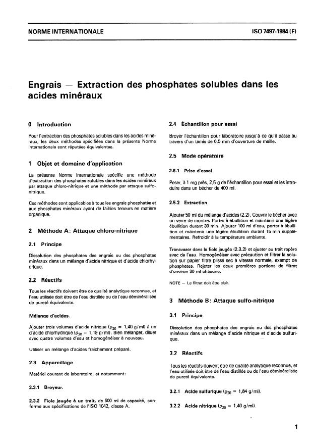 ISO 7497:1984 - Engrais -- Extraction des phosphates solubles dans les acides minéraux