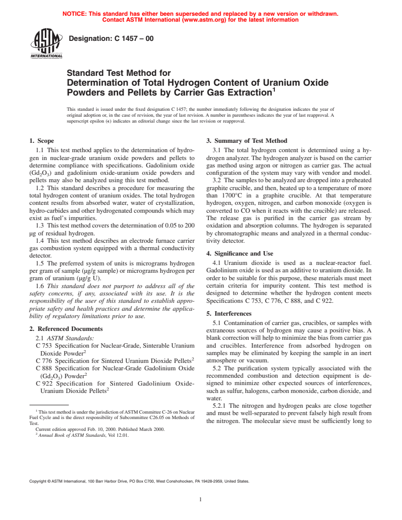 ASTM C1457-00 - Standard Test Method for the Determination of Total Hydrogen Content of Uranium Oxide Powders and Pellets by Carrier Gas Extraction