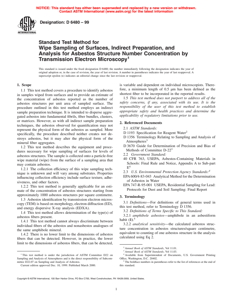 ASTM D6480-99 - Standard Test Method for Wipe Sampling of Surfaces, Indirect Preparation, and Analysis for Asbestos Structure Number Concentration by Transmission Electron Microscopy