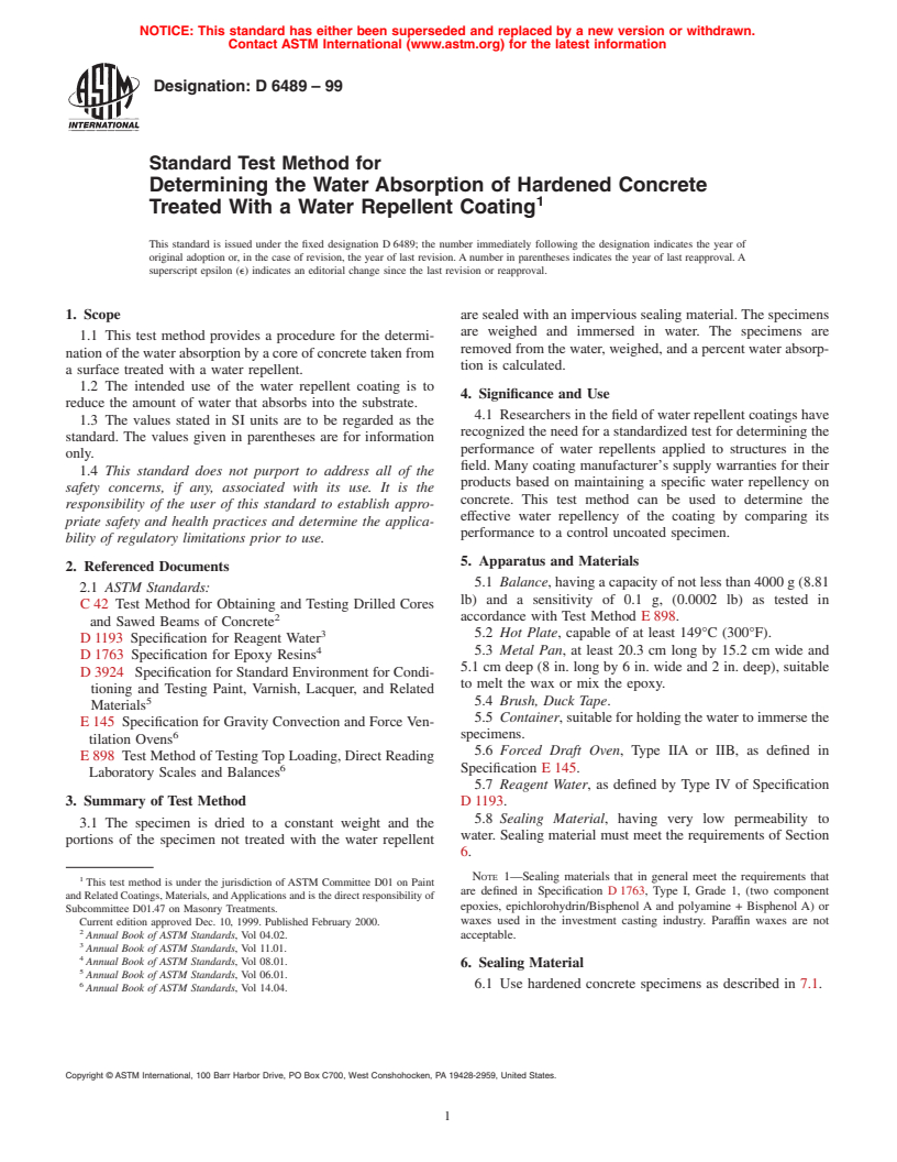 ASTM D6489-99 - Standard Test Method for Determining the Water Absorption of Hardened Concrete Treated With a Water Repellent Coating