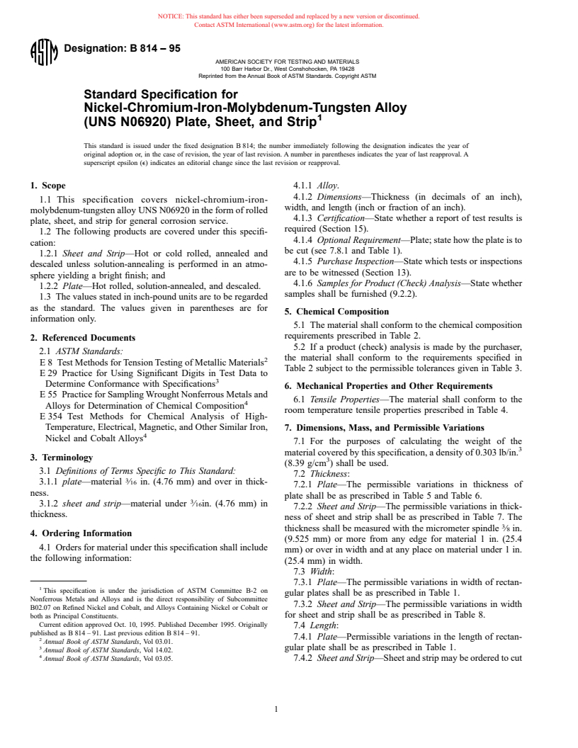 ASTM B814-95 - Standard Specification for :Nickel-Chromium-Iron-Molybdenum-Tungsten Alloy (UNS N06920) Plate, Sheet,     and Strip