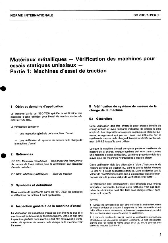 ISO 7500-1:1986 - Matériaux métalliques -- Vérification des machines pour essais statiques uniaxiaux