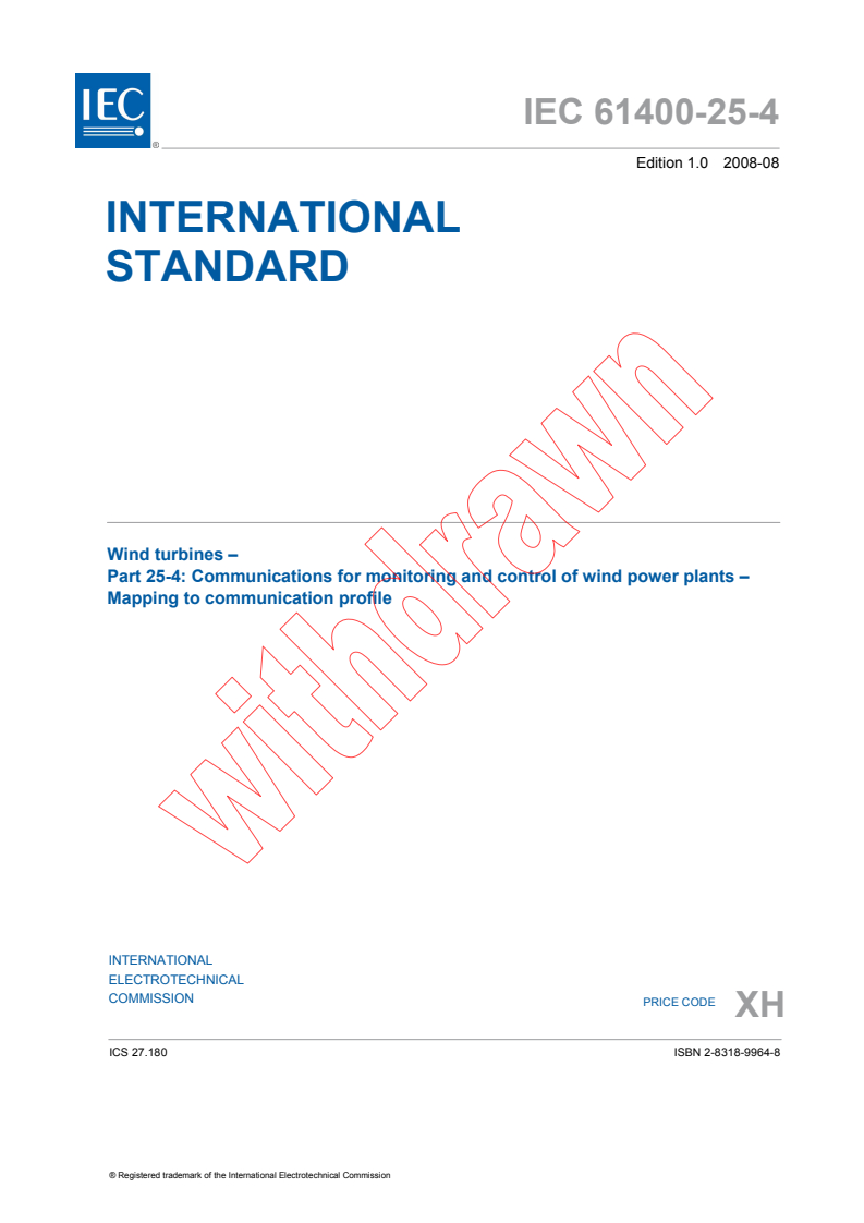 iec61400-25-4{ed1.0}en - IEC 61400-25-4:2008 - Wind turbines - Part 25-4: Communications for monitoring and control of wind power plants - Mapping to communication profile
Released:8/28/2008
Isbn:2831899648