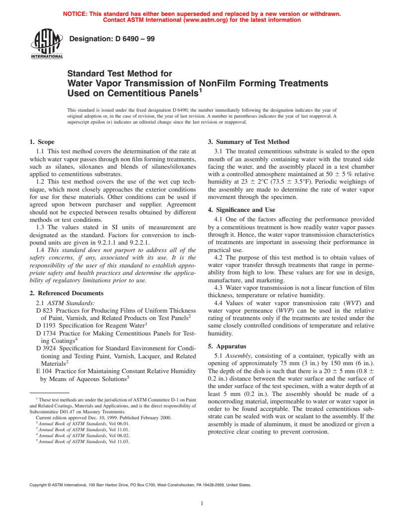 ASTM D6490-99 - Standard Test Method for Water Vapor Transmission of NonFilm Forming Treatments Used on Cementitious Panels