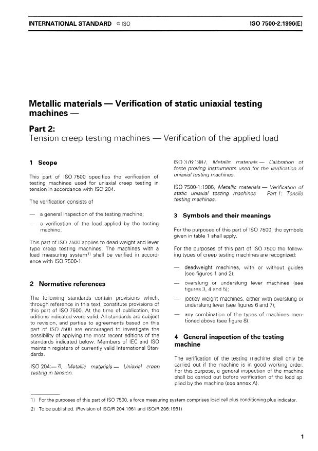 ISO 7500-2:1996 - Metallic materials -- Verification of static uniaxial testing machines