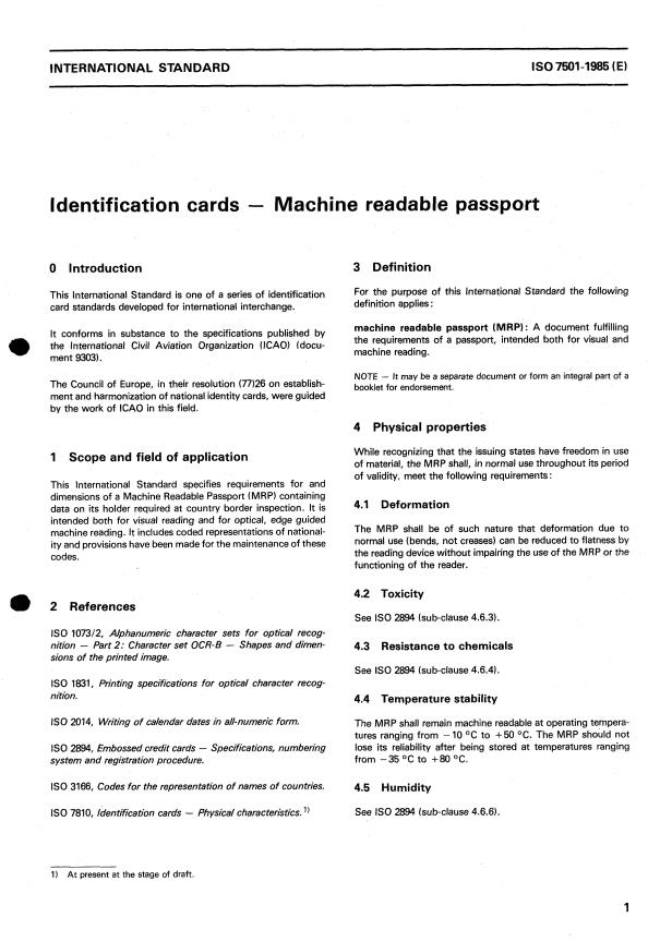 ISO 7501:1985 - Identification cards -- Machine readable passport