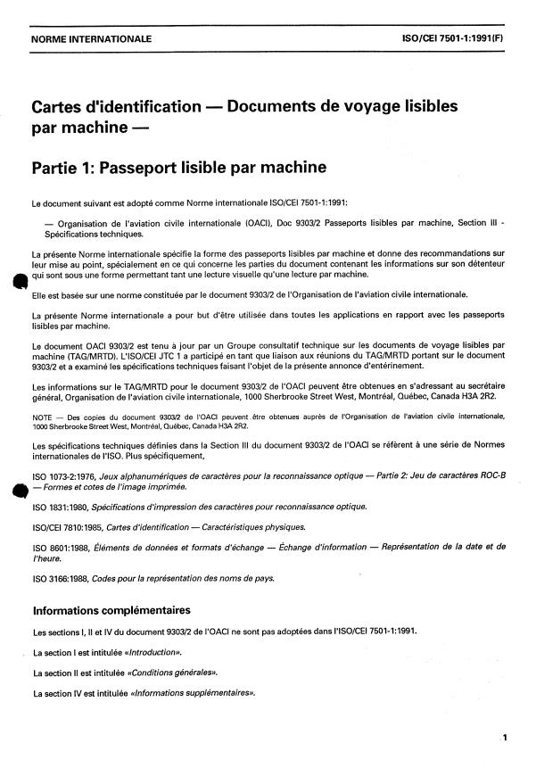 ISO/IEC 7501-1:1991 - Cartes d'identification -- Documents de voyage lisibles par machine