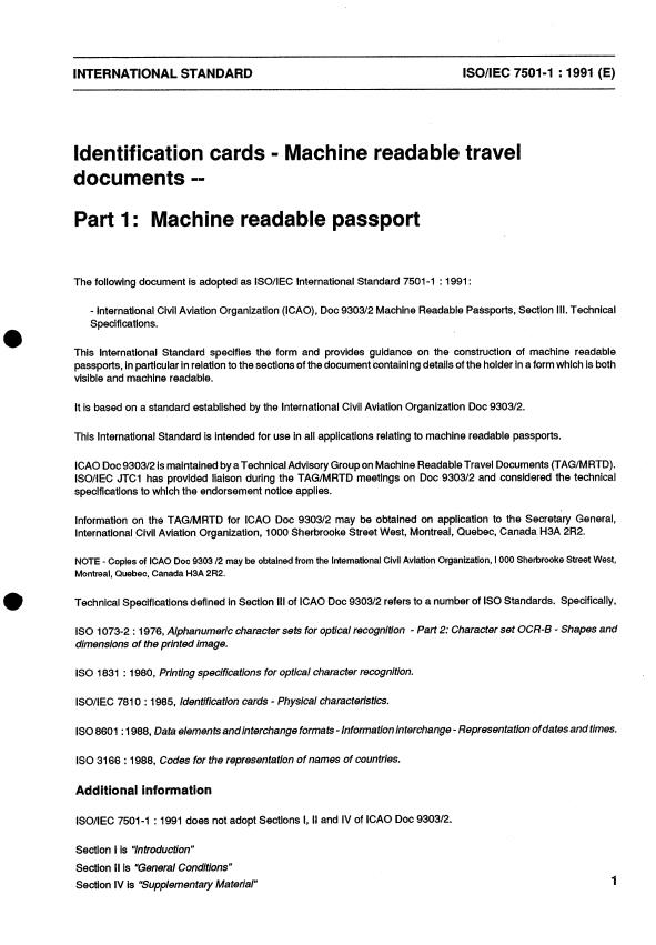 ISO/IEC 7501-1:1991 - Identification cards -- Machine readable travel documents