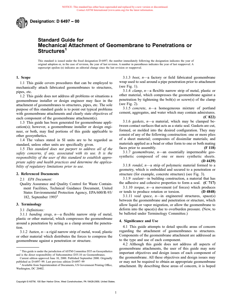 ASTM D6497-00 - Standard Guide for Mechanical Attachment of Geomembrane to Penetrations or Structures