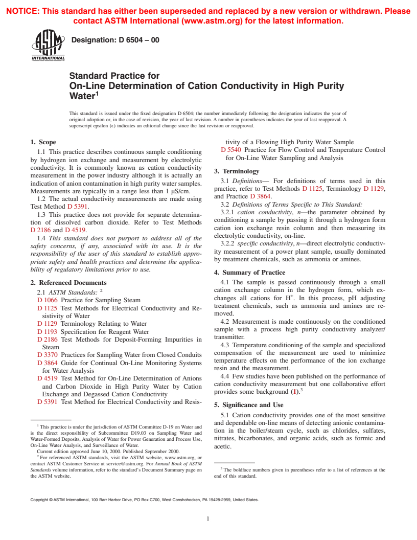 ASTM D6504-00 - Standard Practice for On-Line Determination of Cation Conductivity in High Purity Water