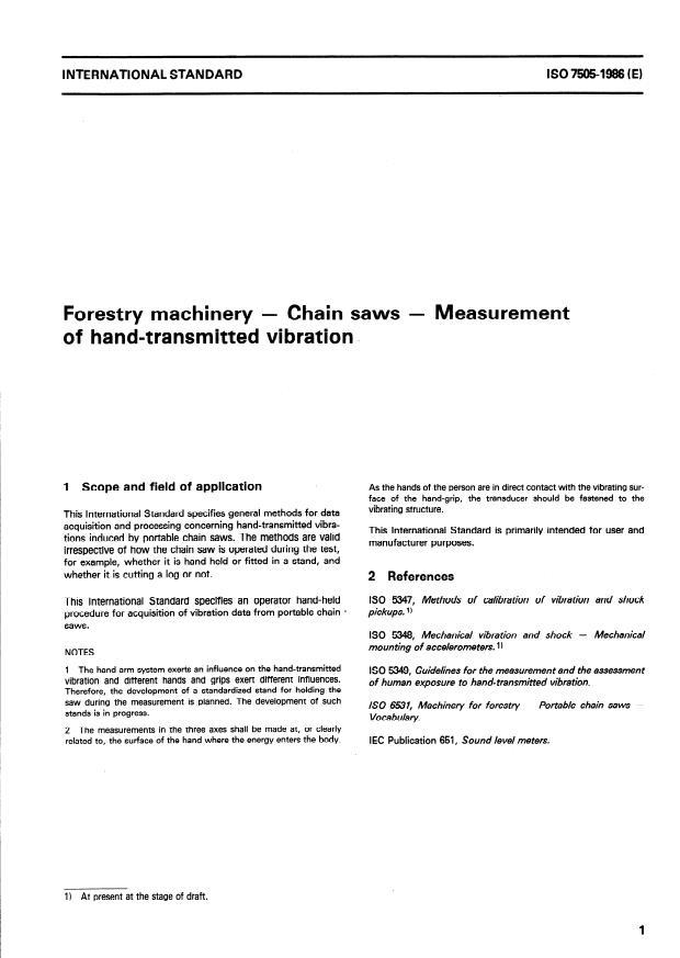 ISO 7505:1986 - Forestry machinery -- Chain saws -- Measurement of hand-transmitted vibration