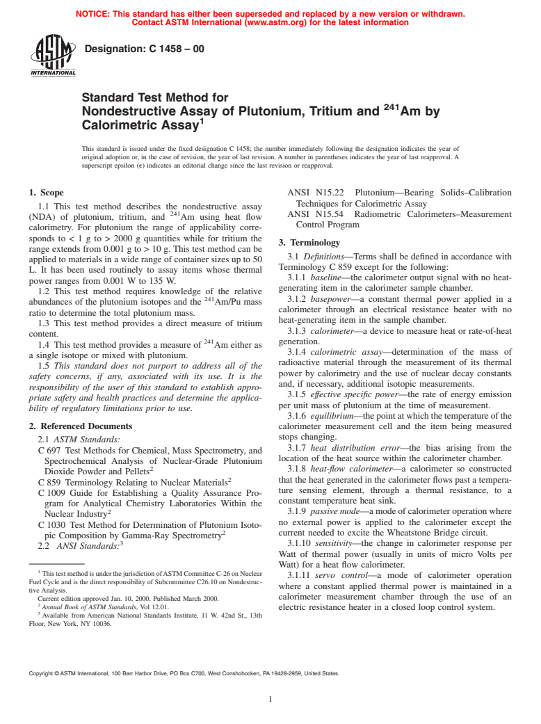 ASTM C1458-00 - Standard Test Method for Nondestructive Assay of Plutonium, Tritium and <sup>241</sup>Am by Calorimetric Assay