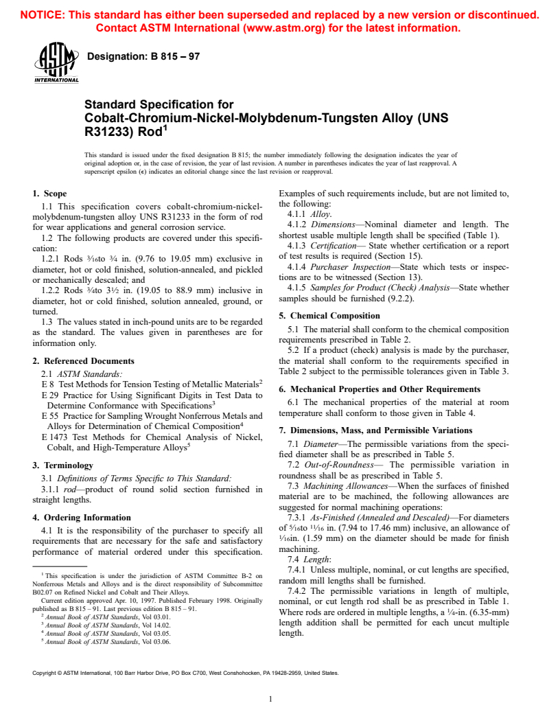 ASTM B815-97 - Standard Specification for Cobalt-Chromium-Nickel-Molybdenum-Tungsten Alloy (UNS R31233) Rod