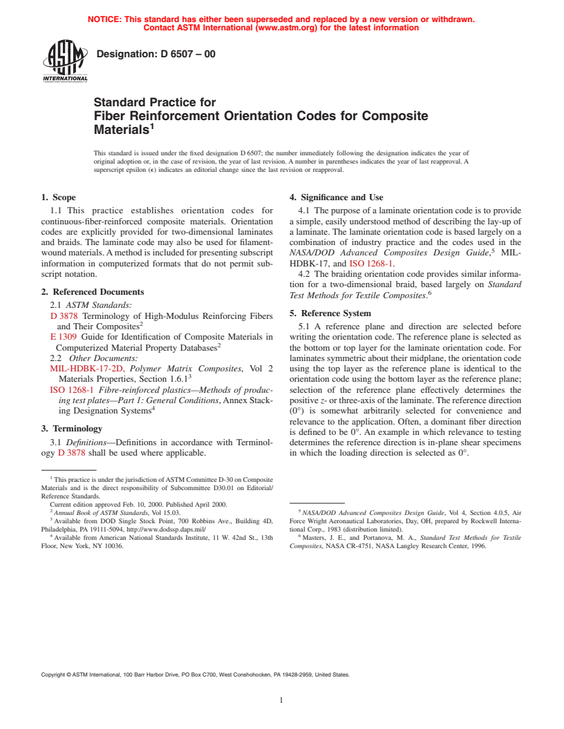 ASTM D6507-00 - Standard Practice for Fiber Reinforcement Orientation Codes for Composite Materials