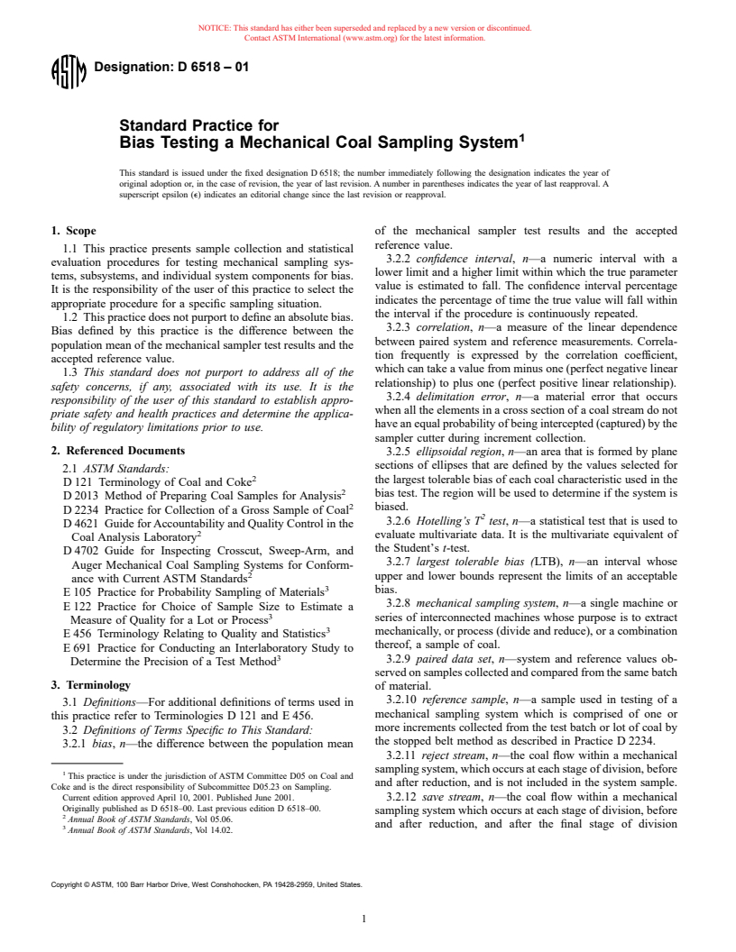 ASTM D6518-01 - Standard Practice for Bias Testing a Mechanical Coal Sampling System