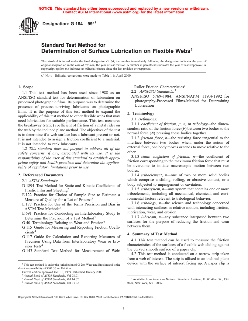 ASTM G164-99e1 - Standard Test Method for Determination of Surface Lubrication on Flexible Webs