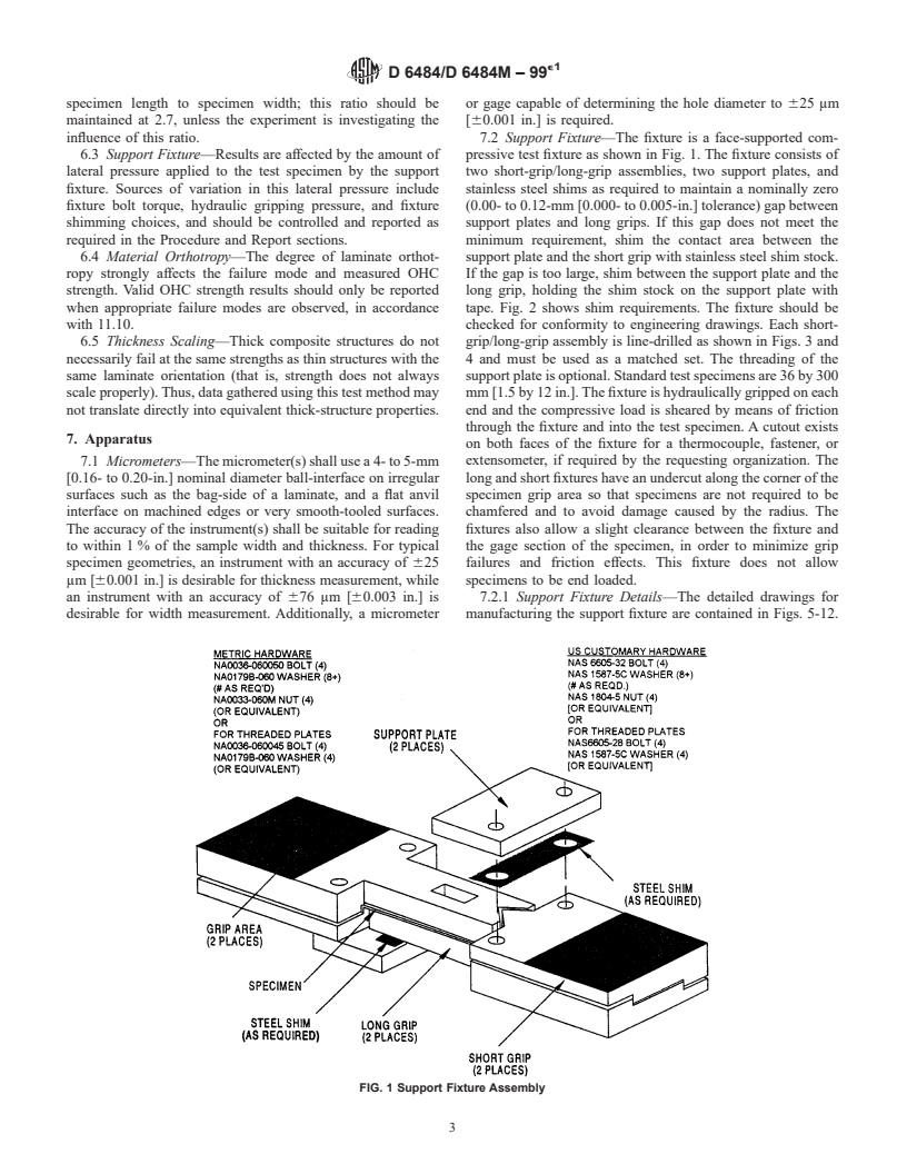 ASTM D6484/D6484M-99e1 - Standard Test Method for Open-Hole Compressive Strength of Polymer Matrix Composite Laminates