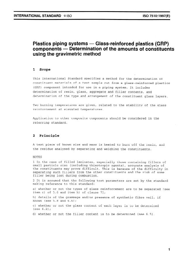 ISO 7510:1997 - Plastics piping systems -- Glass-reinforced plastics (GRP) components -- Determination of the amounts of constituents using the gravimetric method