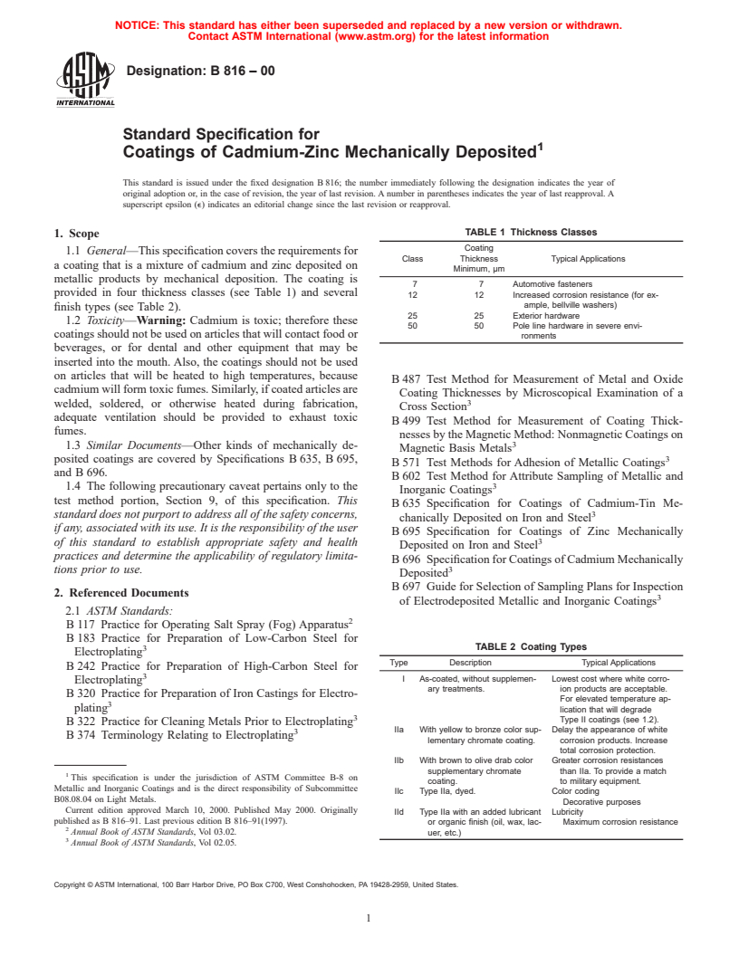 ASTM B816-00 - Standard Specification for Coatings of Cadmium-Zinc Mechanically Deposited