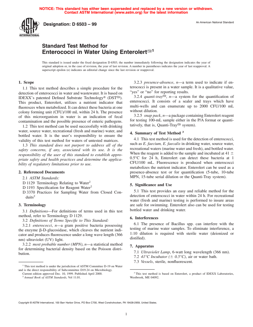 ASTM D6503-99 - Standard Test Method for Enterococci in Water Using Enterolert<sub>TM</sub>