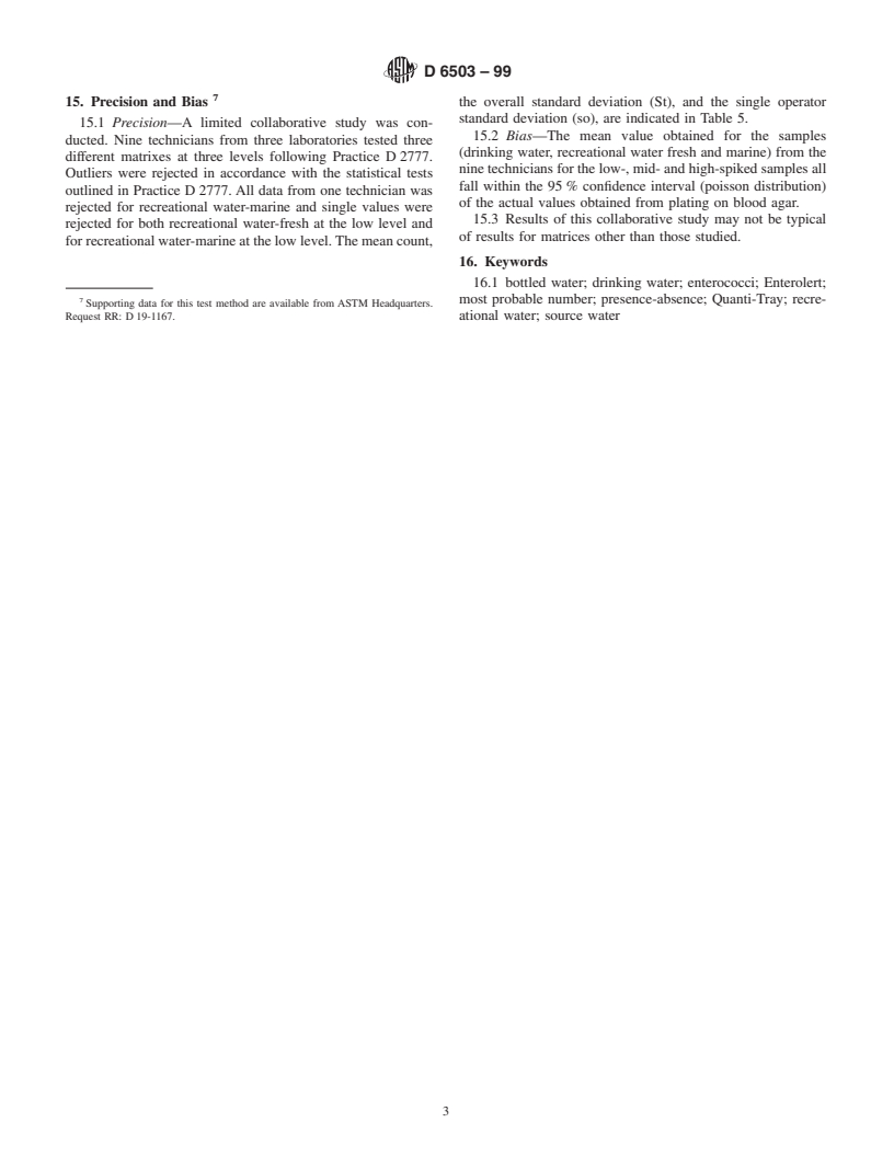 ASTM D6503-99 - Standard Test Method for Enterococci in Water Using Enterolert<sub>TM</sub>