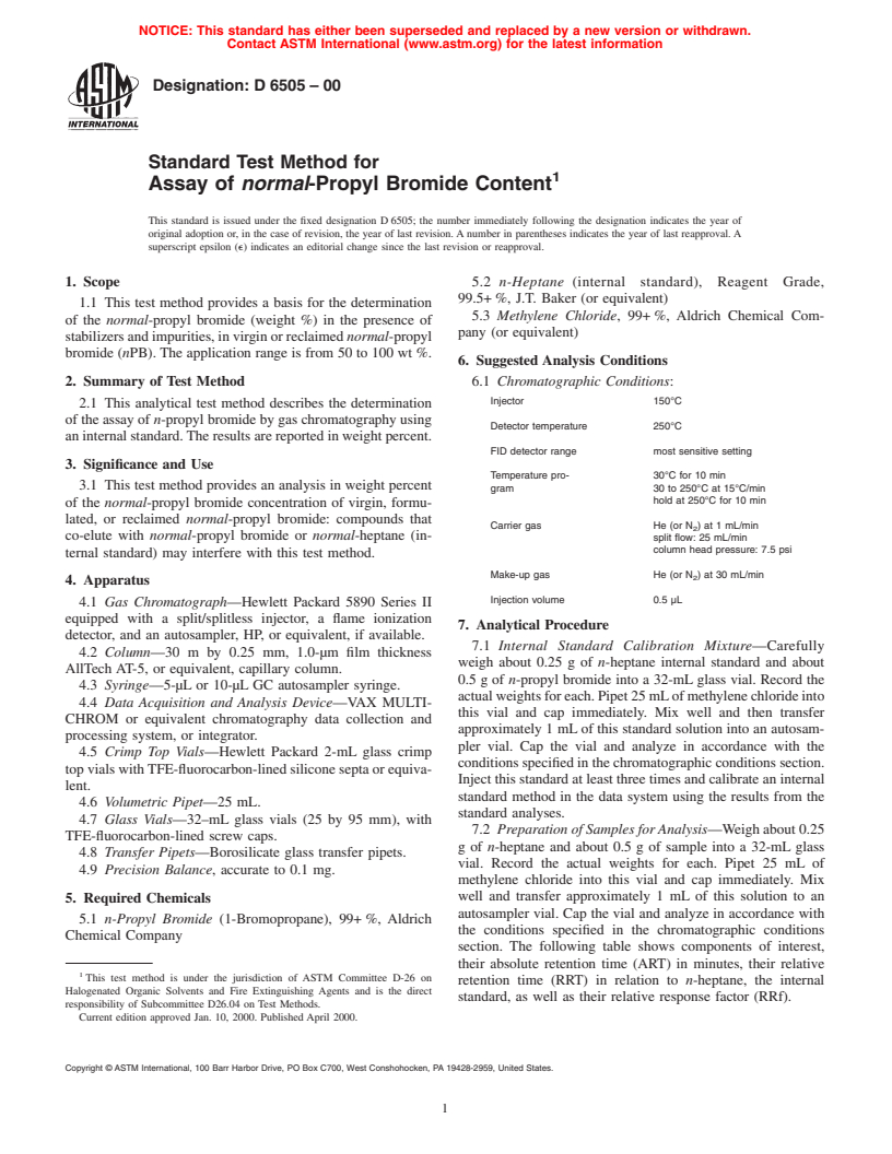 ASTM D6505-00 - Standard Test Method for Assay of <i>normal</i>-Propyl Bromide Content