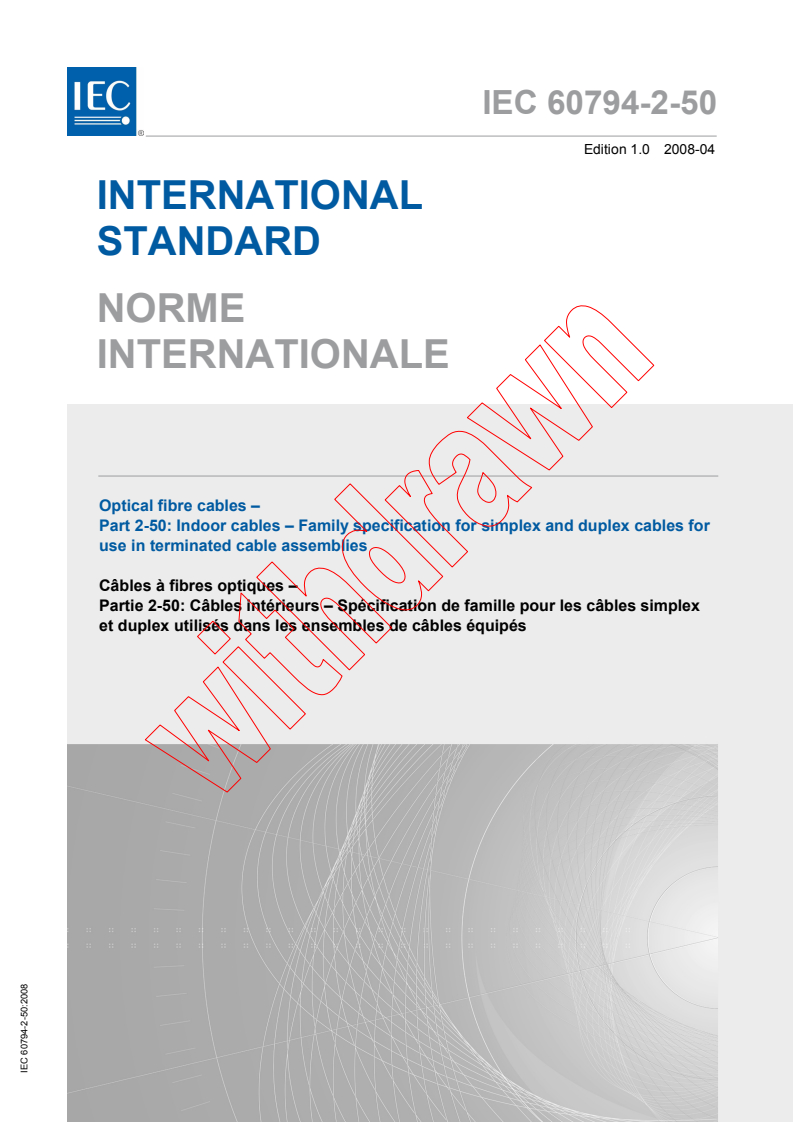 IEC 60794-2-50:2008 - Optical fibre cables - Part 2-50: Indoor cables - Family specification for simplex and duplex cables for use in terminated cable assemblies
Released:4/29/2008
Isbn:2831899028