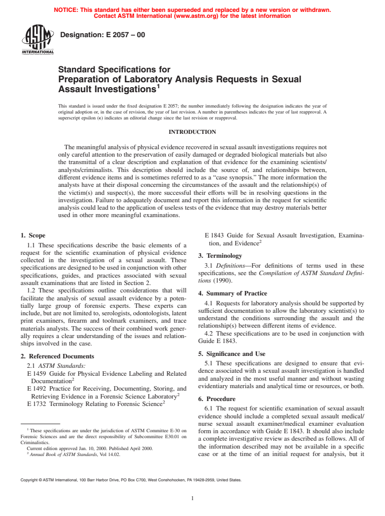 ASTM E2057-00 - Standard Specifications for Preparation of Laboratory Analysis Requests in Sexual Assault Investigations (Withdrawn 2009)