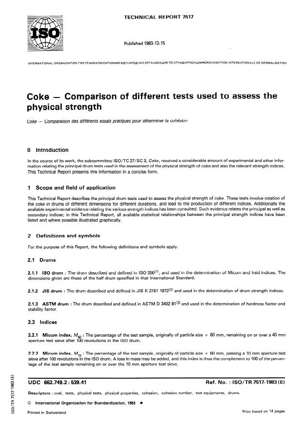 ISO/TR 7517:1983 - Coke -- Comparison of different tests used to assess the physical strength