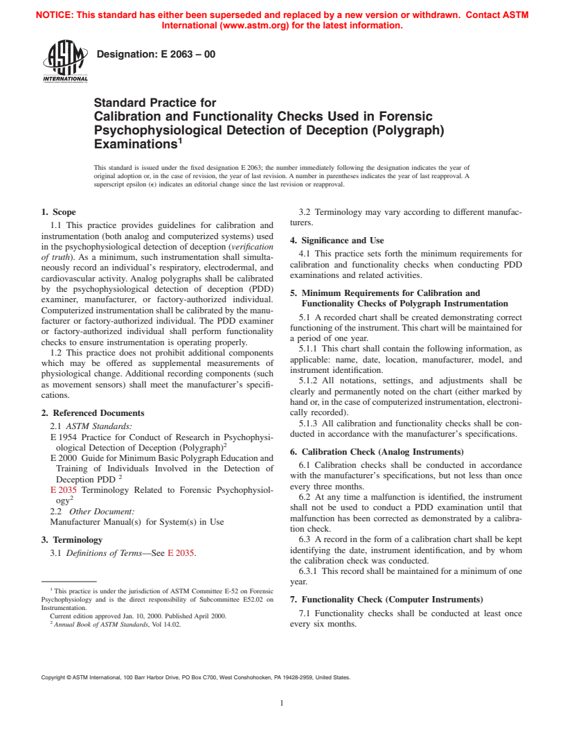 ASTM E2063-00 - Standard Practice for Calibration and Functionality Checks Used in Forensic Psychophysiological Detection of Deception (Polygraph) Examinations