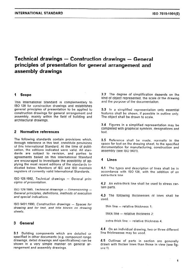 ISO 7519:1991 - Technical drawings -- Construction drawings -- General principles of presentation for general arrangement and assembly drawings