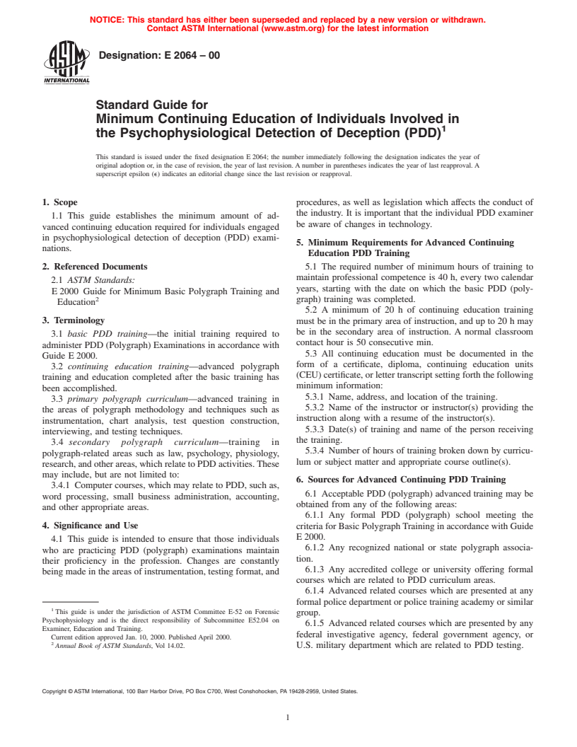 ASTM E2064-00 - Standard Guide for Minimum Continuing Education of Individuals Involved in the Psychophysiological Detection of Deception (PDD)