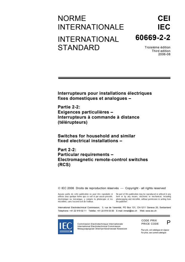 IEC 60669-2-2:2006 - Switches for household and similar fixed electrical installations - Part 2-2: Particular requirements - Electromagnetic remote-control switches (RCS)
