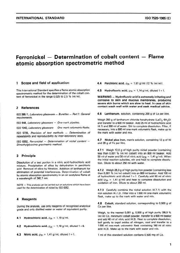ISO 7520:1985 - Ferronickel -- Determination of cobalt content -- Flame atomic absorption spectrometric method