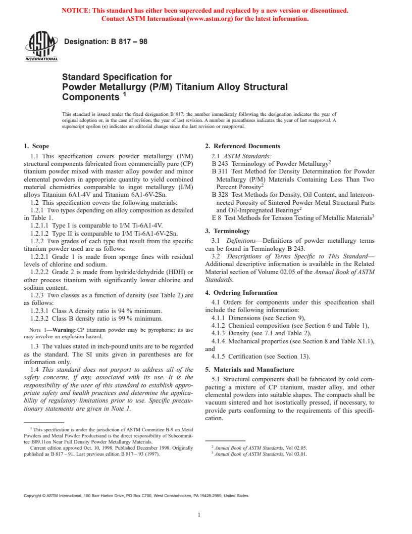 ASTM B817-98 - Standard Specification for Powder Metallurgy (P/M) Titanium Alloy Structural Components