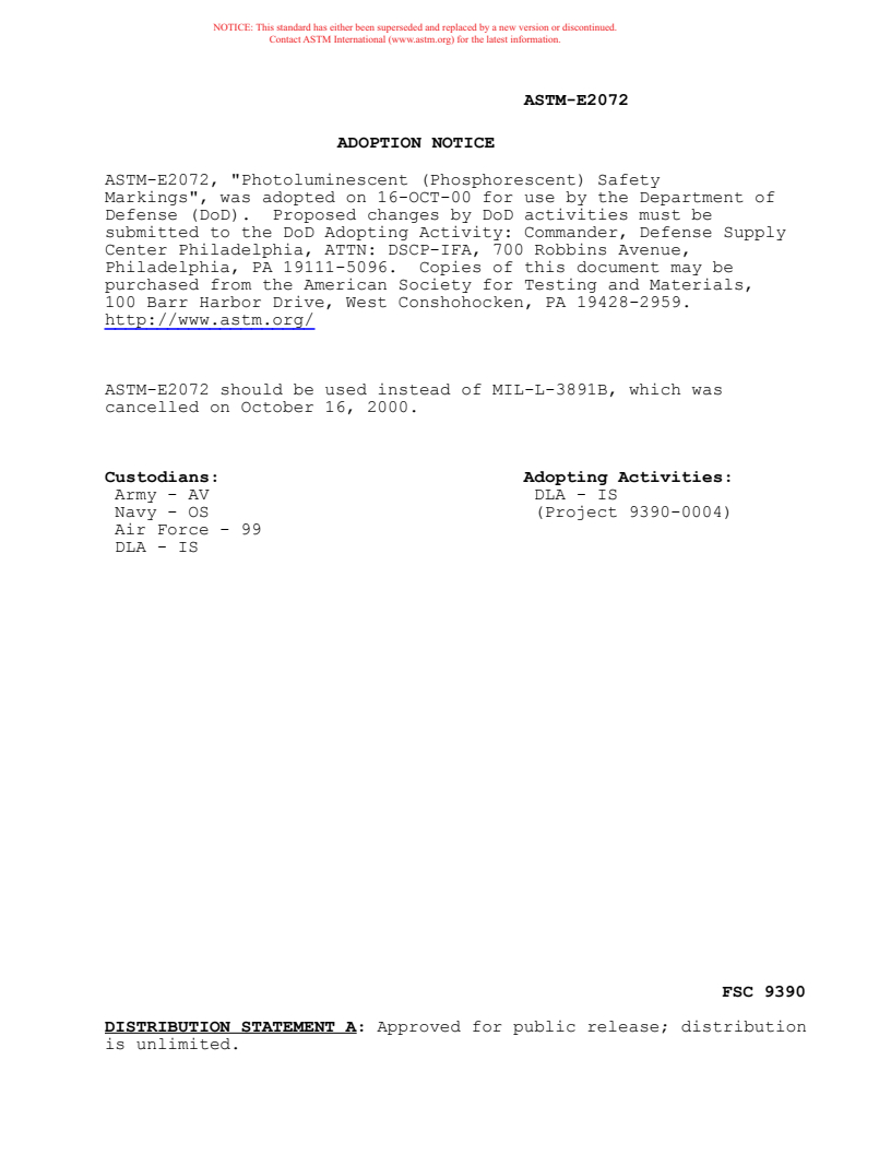 ASTM E2072-00 - Standard Specification for Photoluminescent (Phosphorescent) Safety Markings