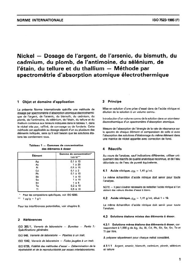 ISO 7523:1985 - Nickel -- Dosage de l'argent, de l'arsenic, du bismuth, du cadmium, du plomb, de l'antimoine, du sélénium, de l'étain, du tellure et du thallium  -- Méthode par spectrométrie d'absorption atomique électrothermique
