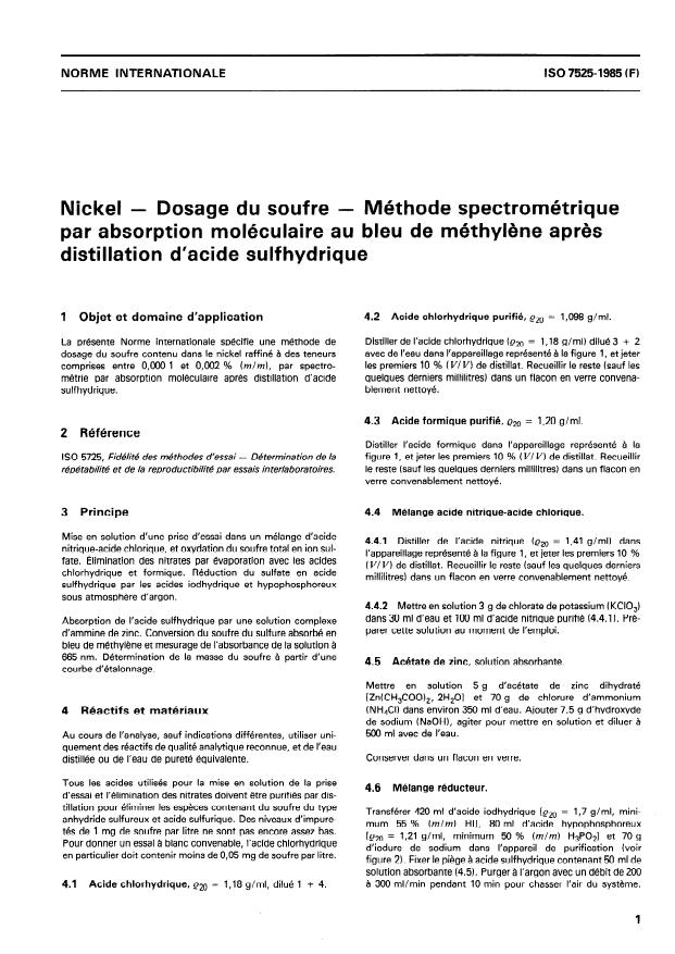 ISO 7525:1985 - Nickel -- Dosage du soufre -- Méthode par spectrométrie d'absorption moléculaire au bleu de méthylene apres distillation d'acide sulfhydrique