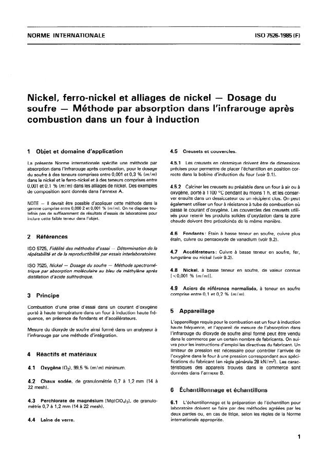 ISO 7526:1985 - Nickel, ferro-nickel et alliages de nickel -- Dosage du soufre -- Méthode par absorption dans l'infrarouge apres combustion dans un four a induction