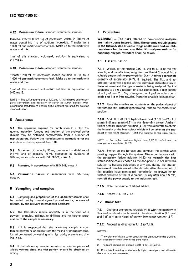 ISO 7527:1985 ISO 7527:1985 - Nickel, ferronickel and nickel alloys -- Determination of sulfur content -- Iodimetric titration method after induction furnace combustion - Page 4 preview