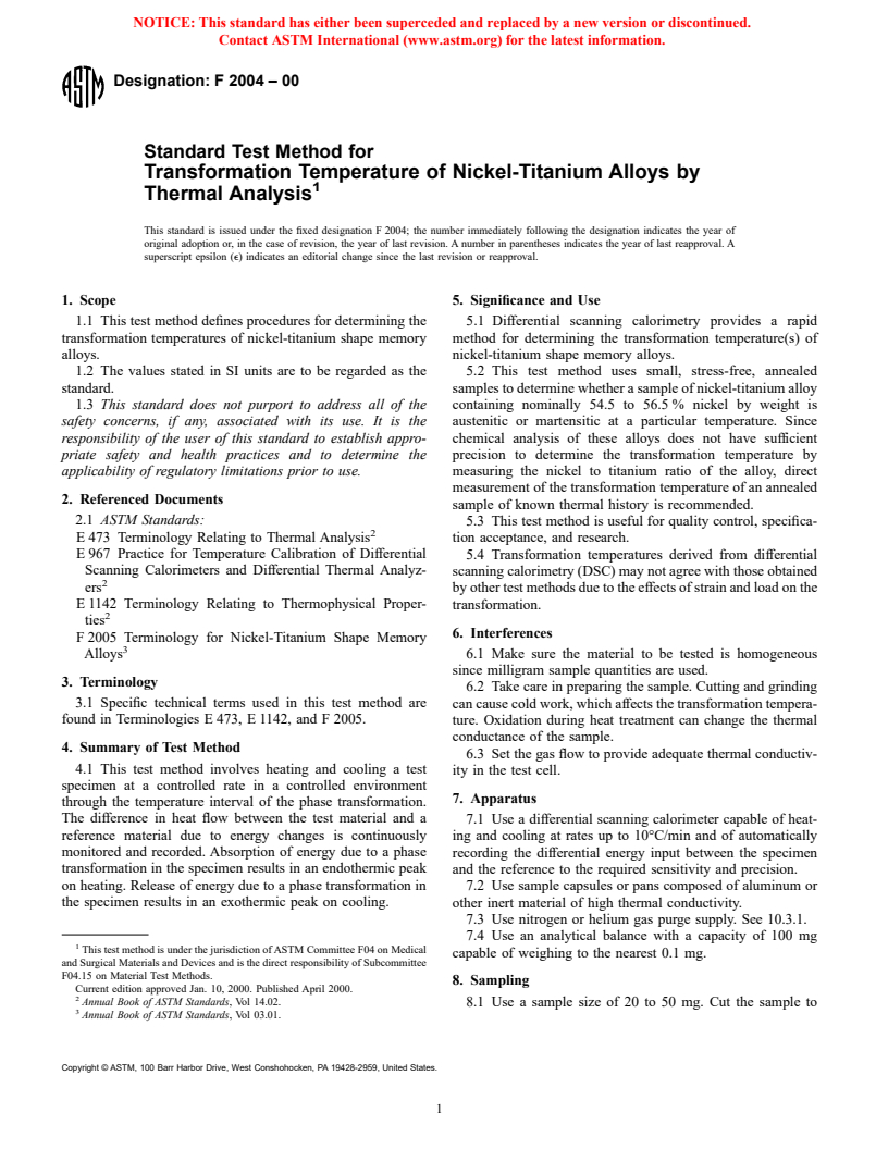 ASTM F2004-00 - Standard Test Method for Transformation Temperature of Nickel-Titanium Alloys by Thermal Analysis