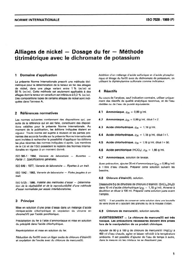 ISO 7528:1989 - Alliages de nickel -- Dosage du fer -- Méthode titrimétrique avec le dichromate de potassium