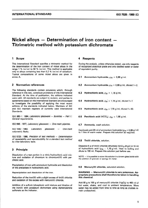 ISO 7528:1989 - Nickel alloys -- Determination of iron content -- Titrimetric method with potassium dichromate