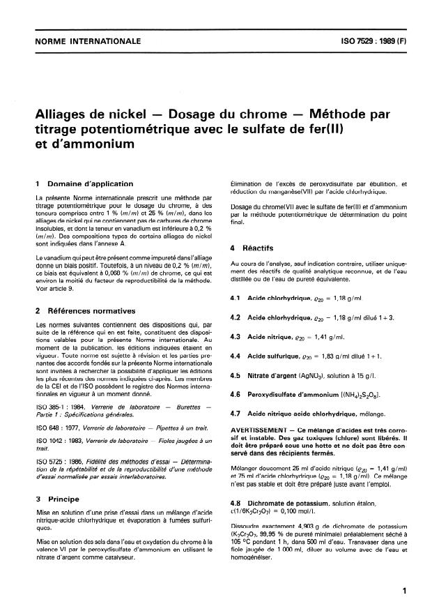 ISO 7529:1989 - Alliages de nickel -- Dosage du chrome -- Méthode par titrage potentiométrique avec le sulfate de fer(II) et d'ammonium
