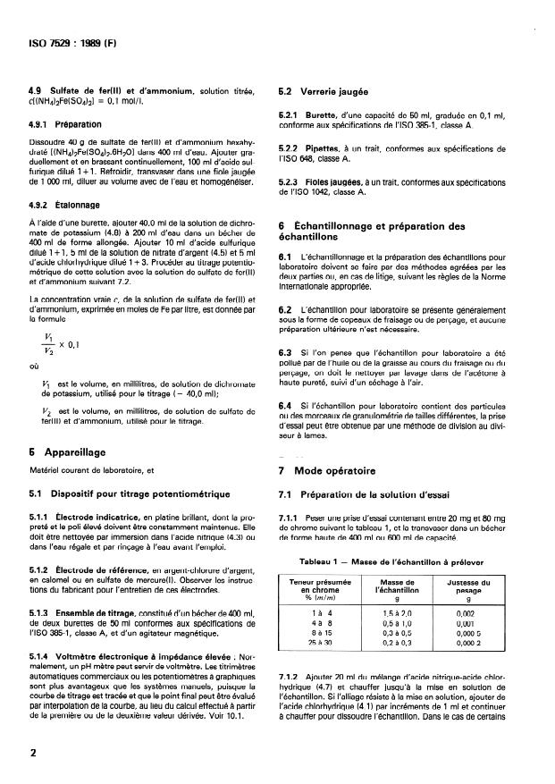 ISO 7529:1989 ISO 7529:1989 - Alliages de nickel -- Dosage du chrome -- Méthode par titrage potentiométrique avec le sulfate de fer(II) et d'ammonium - Page 4 preview