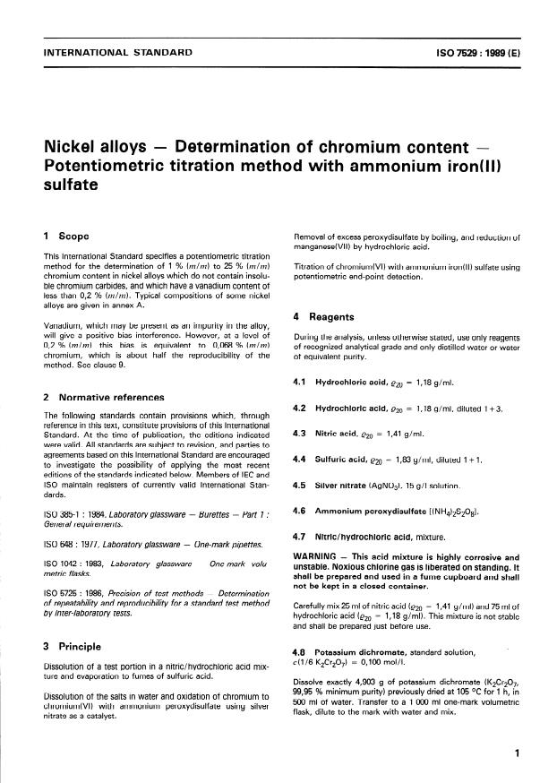 ISO 7529:1989 - Nickel alloys -- Determination of chromium content -- Potentiometric titration method with ammonium iron(II) sulfate