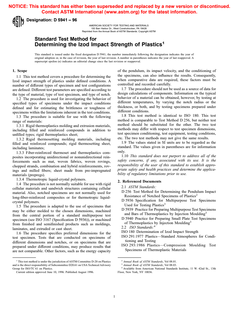 ASTM D5941-96 - Standard Test Method for Determination of Izod Impact Strength (Withdrawn 1998)