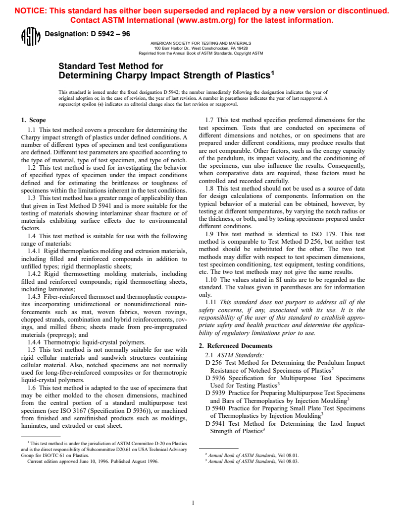 ASTM D5942-96 - Test Method for Determination of Charpy Impact Strength (Withdrawn 1998)